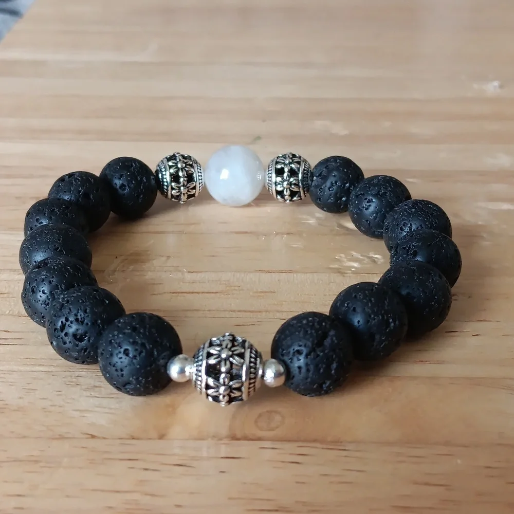 Black Lava & Moonstone Beaded Stretch Bracelet with Silver-Plated Accent…